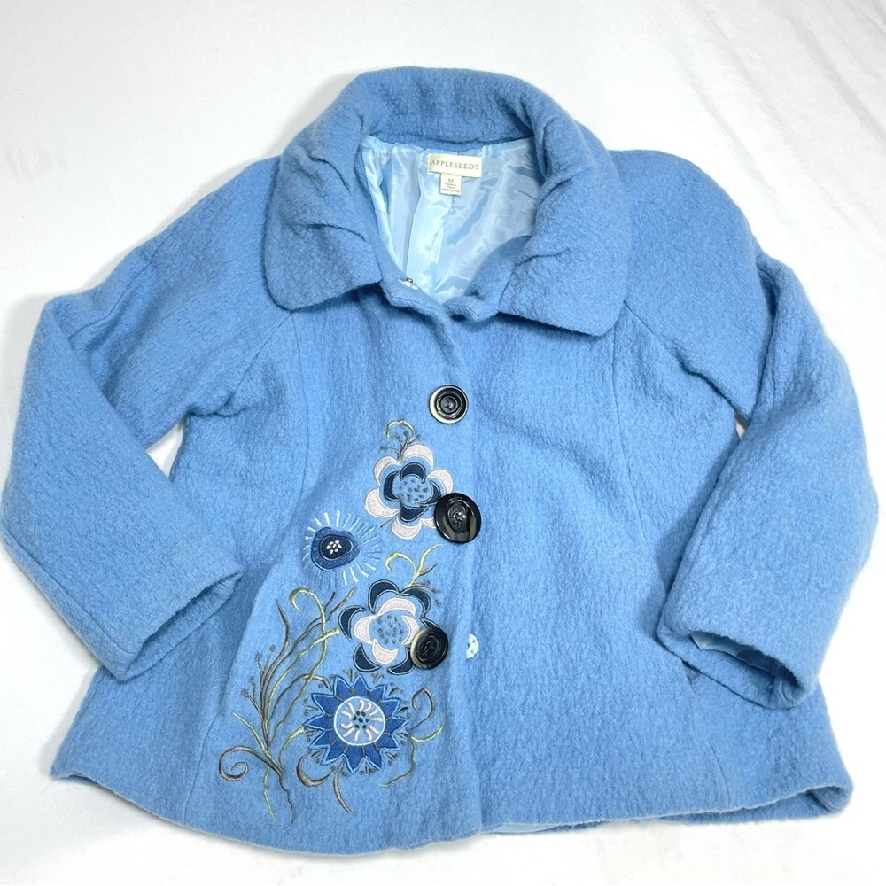 Vintage Style Embroidered Blue Snap Up Wool Jacket Women’s Coat XL